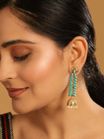 Thumbnail for Nuyug 22K Gold Plated Pearl & Turquoise Stone Studded Contemporary Shaped Jhumkas