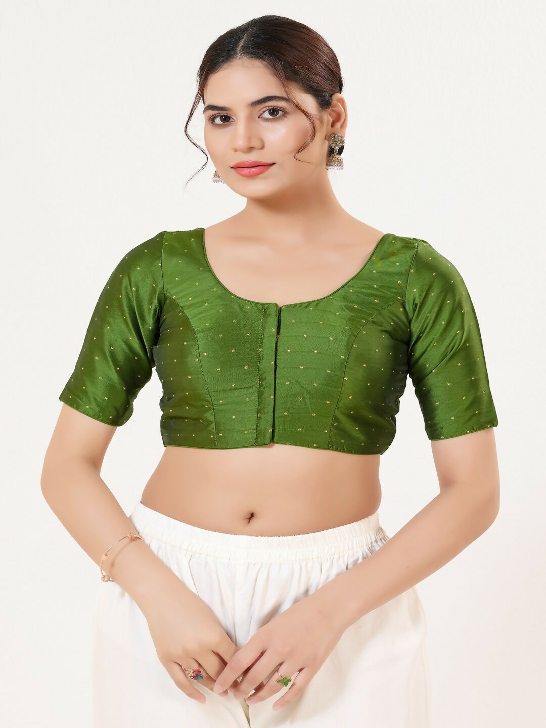 Joban Fashion Mehendi-Green Taffeta Silk Elbow Sleeveless Front Open Blouse
