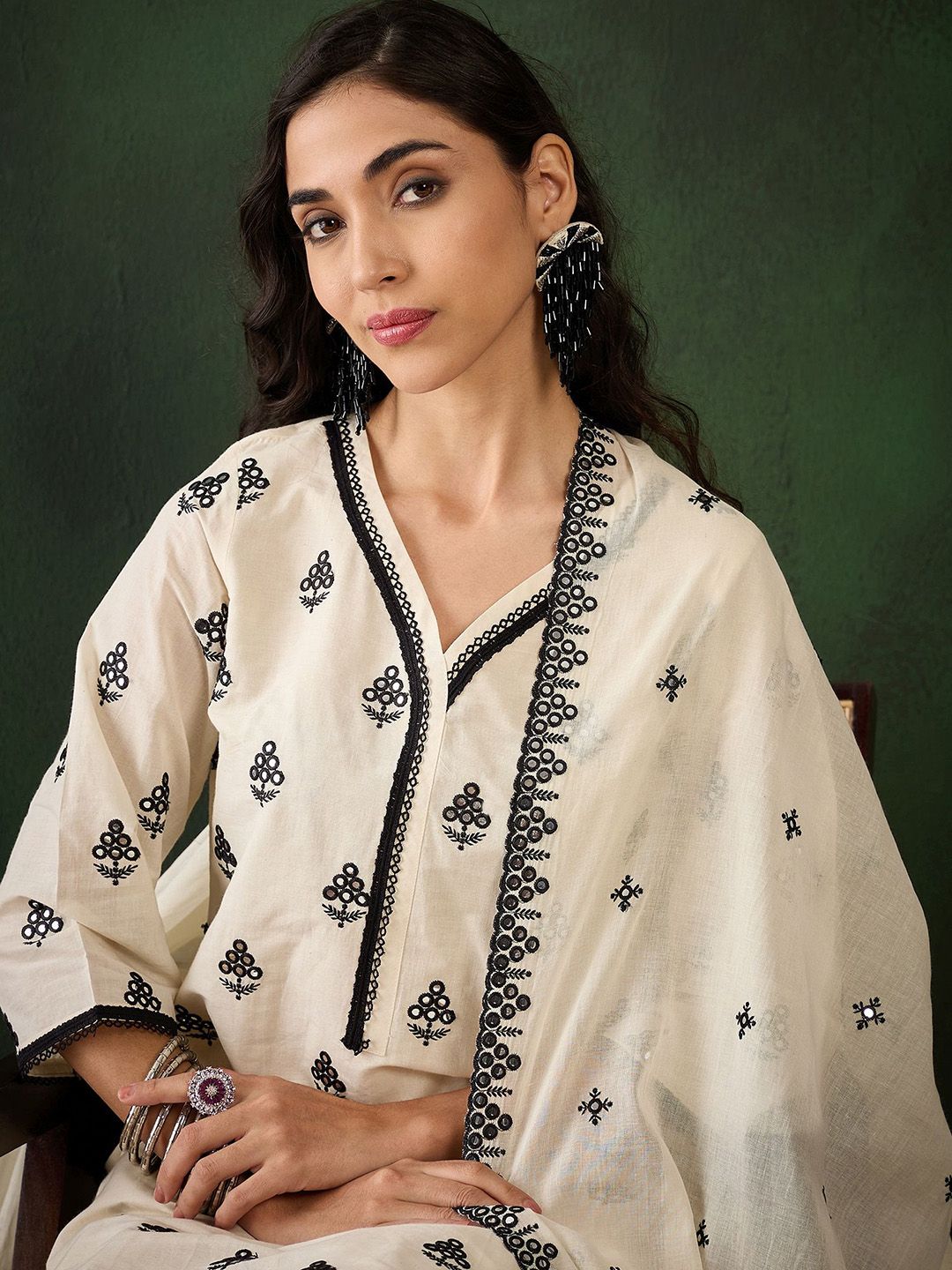 Sangria Off White Floral Embroidered Pure Cotton Mirror Work Kurta & Palazzos With Dupatta - Distacart