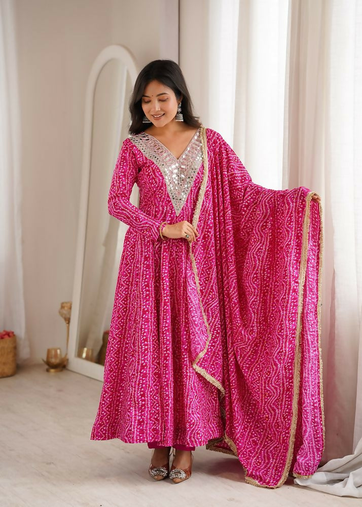 Teeya Creation New Trendy Traditional Pink Bandhani Anarkali Set with Embellished V-Neck - Dista