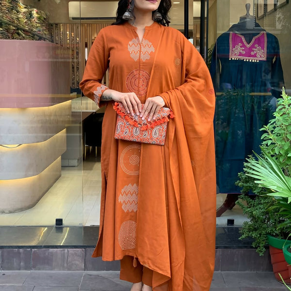 The52 Orange Women's Gorgeous Chanderi Fabric Embroidered Work Straight Kurta Pant and Dupatta Set - Distacart