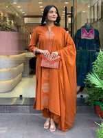 Thumbnail for The52 Orange Women's Gorgeous Chanderi Fabric Embroidered Work Straight Kurta Pant and Dupatta Set - Distacart