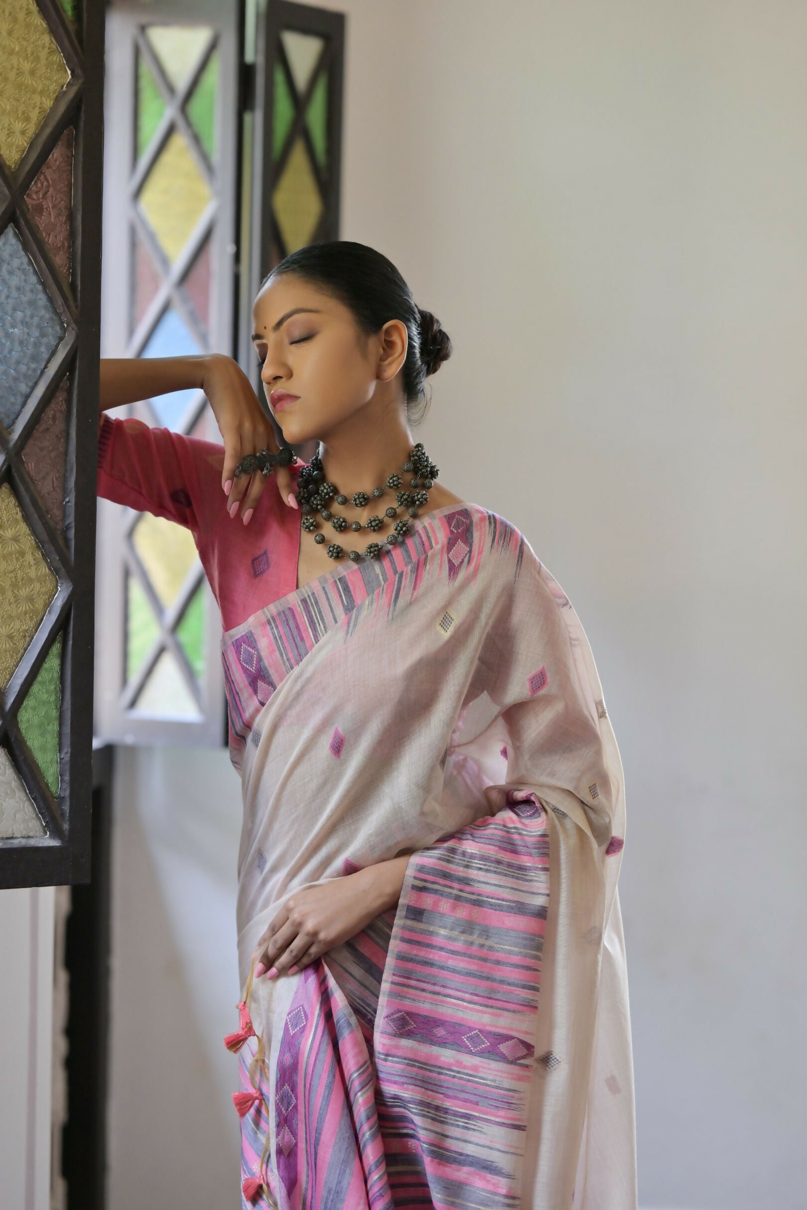 Vishnu Weaves Women's Pink Muga Cotton Saree with Blouse - Distacart