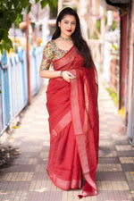 Thumbnail for Red Linen Sequence Saree with Unstitched Blouse - Hiral Fashion - Distacart