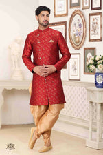 Thumbnail for Raivat Ethnic Banarasi Jacquard Embroidery Semi Indo Western Sherwani In Maroon Colour