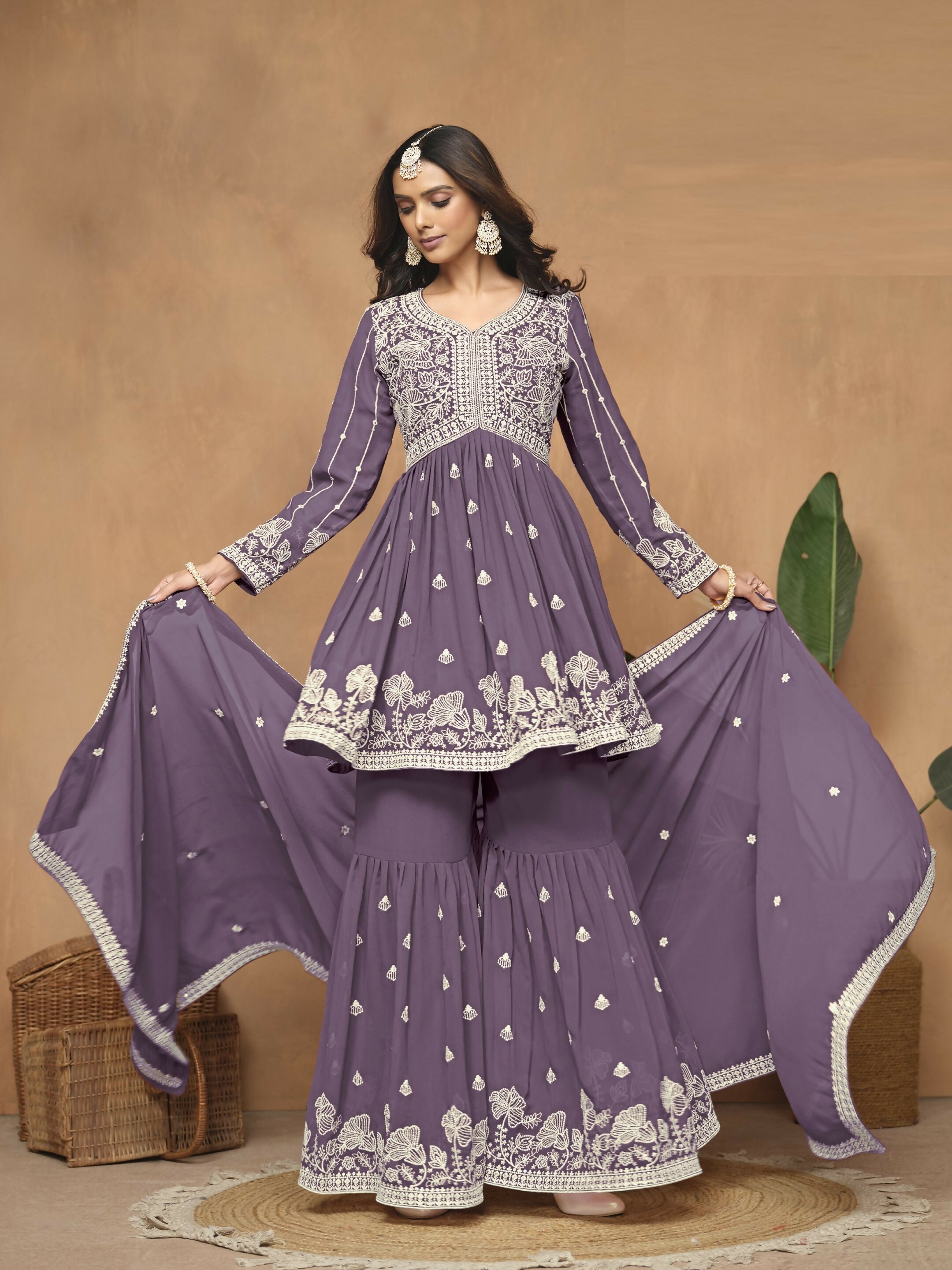 Anaita Lavender Embroidered Faux Georgette Sharara Suit - Distacart