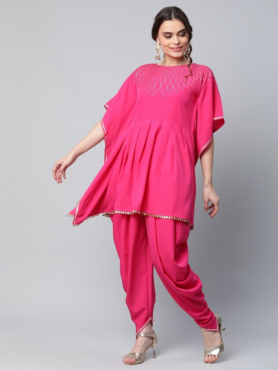 Ahalyaa Women Pink Crepe Glitter Printed Kurta with Dhoti Pants - Distacart