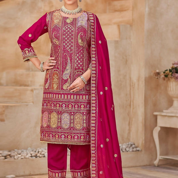 Anaita Rani Pink Vichitra Silk Readymade Suit with Embroidery & Lace Work - Distacart