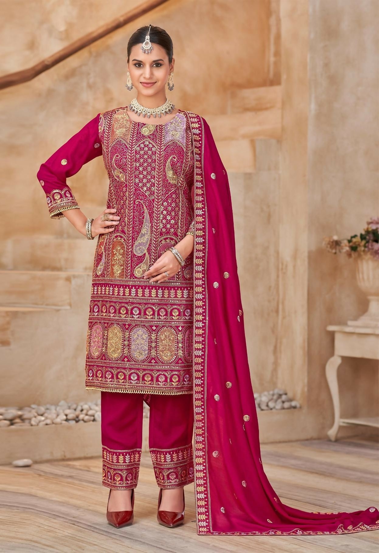 Anaita Rani Pink Vichitra Silk Readymade Suit with Embroidery & Lace Work