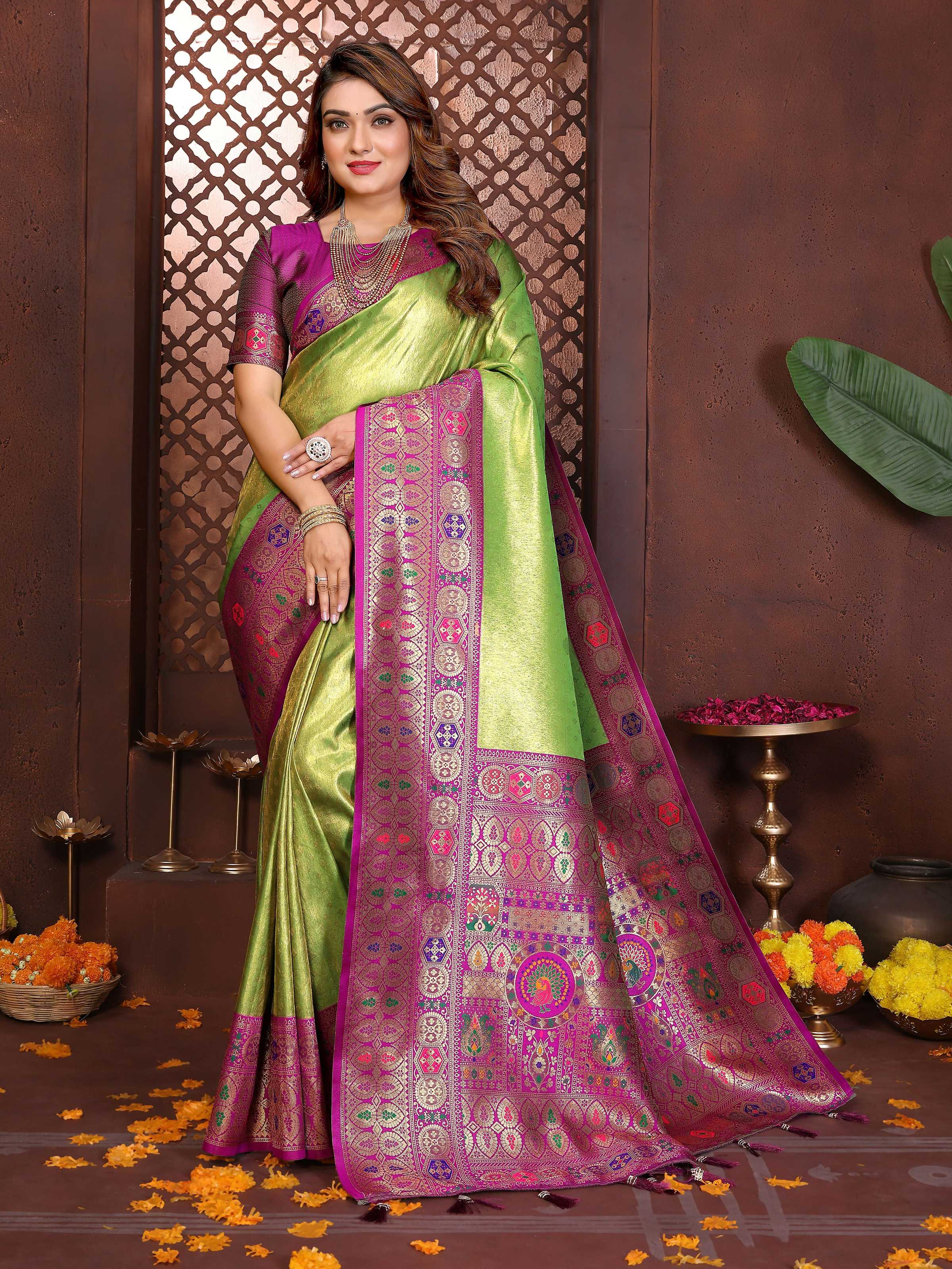 Aastha Fashion Green Tissue Silk Weaving Saree - Distacart