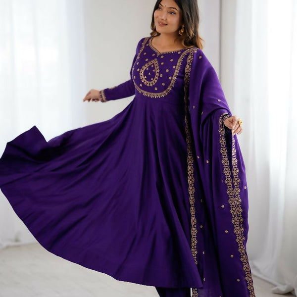 The52 Women's Beautiful Embroidery Work Roman Chanderi Silk Fabric Flared Anarkali Pant and Dupatta Set - Distacart