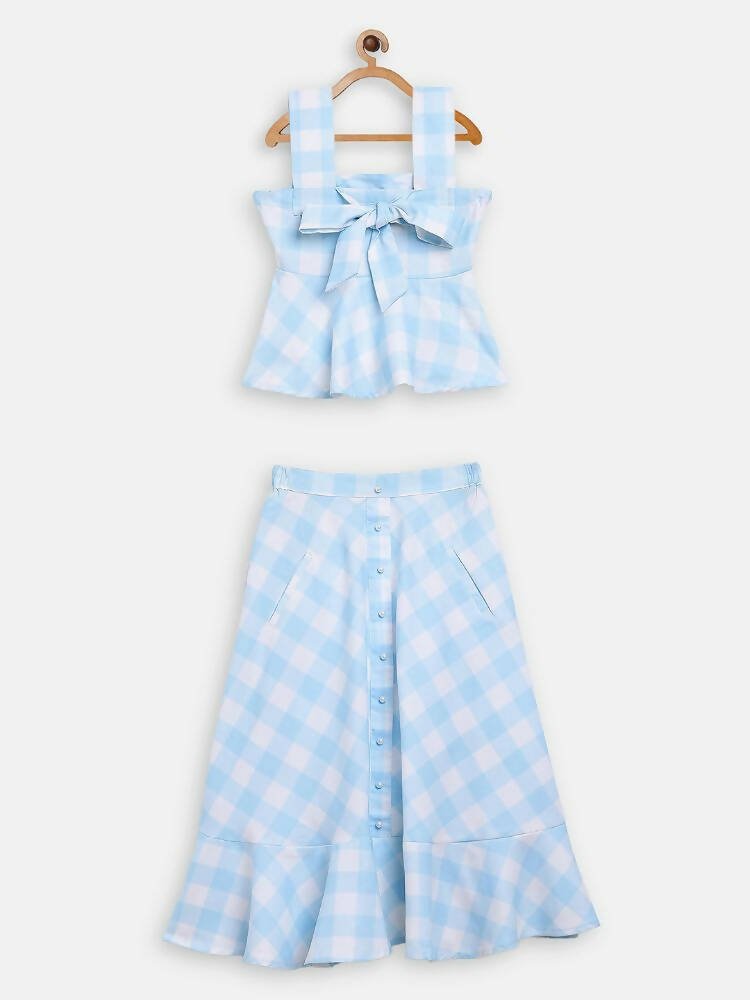 Ahalyaa Sky Blue Rayon Checked Kids Top With Skirts For Girls - Distacart