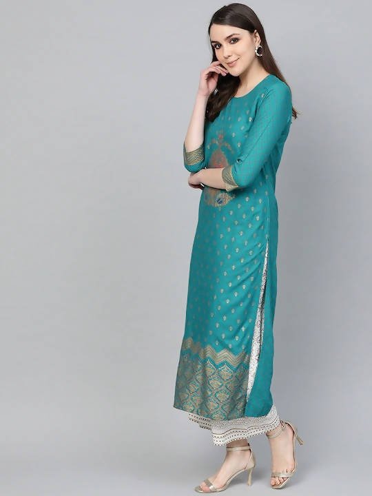 Anubhutee Peacock Blue Kurta Set with Golden Traditional Motifs - Distacart