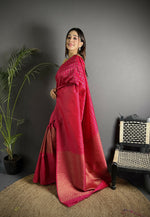 Thumbnail for Joban Fashion Hot Pink Banarasi Soft Lichi Silk Checks & Woven Saree - Distacart