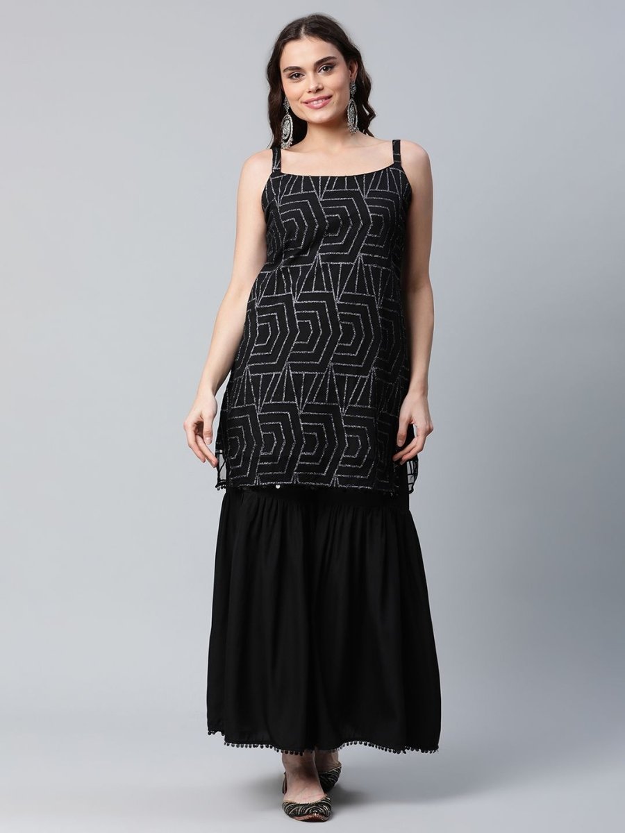 Ahalyaa Women Black Net Glitter Print Short Kurti With Sharara Dupatta Set - Distacart