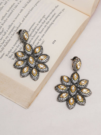 Dual Tone Kundan Flower Studs (silver) - Ruby Raang - Distacart