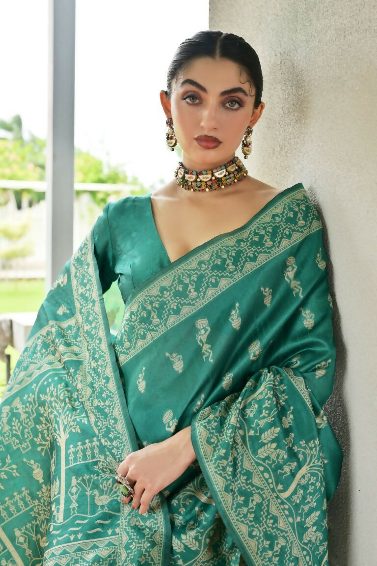 Vishnu Weaves Women's Rama Handloom Raw Silk Thread Weaving Saree with Blouse