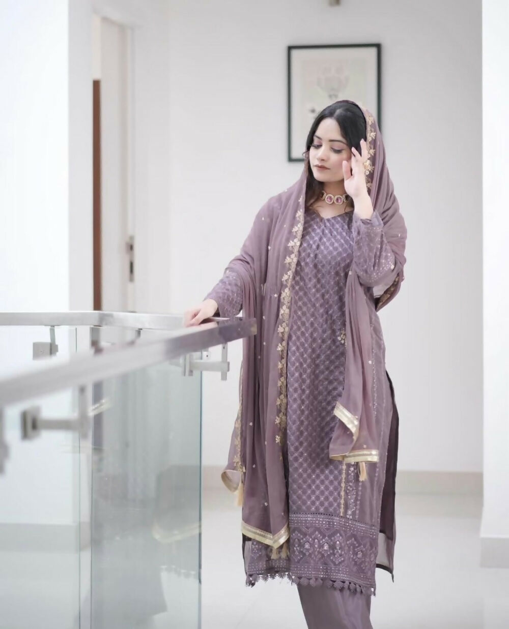Divine Drape Women's Georgette Embroidered Straight Kurta Pant With Dupatta - Purple