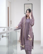 Thumbnail for Divine Drape Women's Georgette Embroidered Straight Kurta Pant With Dupatta - Purple