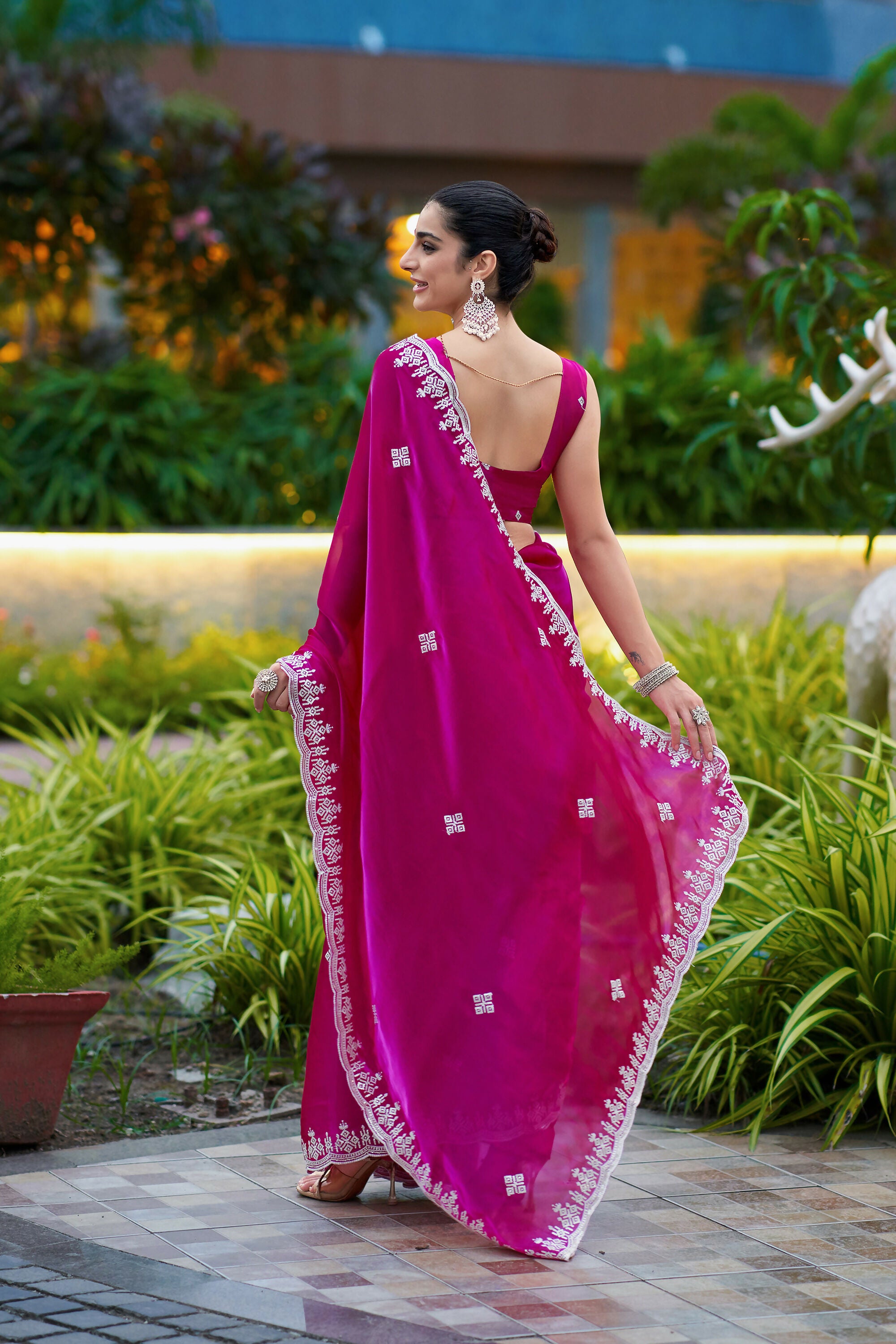 Vastranavya Pink Embroidery Work Shimmer Chiffon Saree with Unstitched Blouse