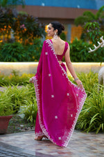 Thumbnail for Vastranavya Pink Embroidery Work Shimmer Chiffon Saree with Unstitched Blouse