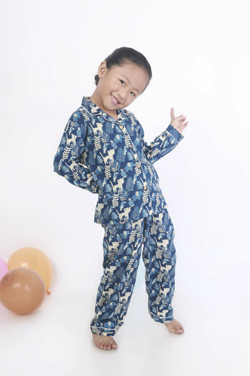 Breathables Kids Cotton Night Suit – Blue Jungle Print Shirt & Pyjama Co-Ord Set For Boys & Girls - Dista