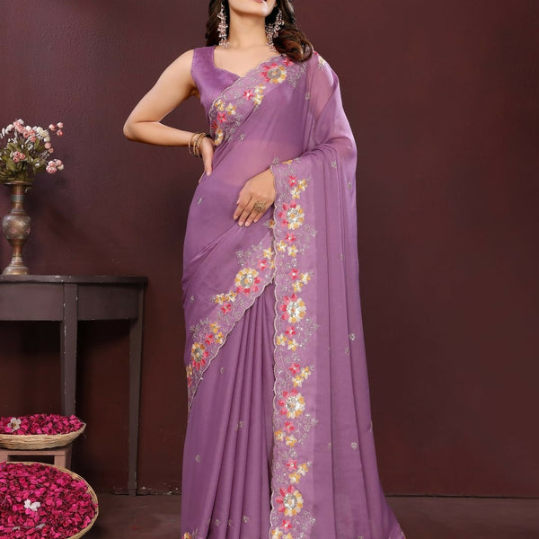 Ai Fashion Light Purple Soft Star Georgette Embroidery Party Wear Saree - Distacart