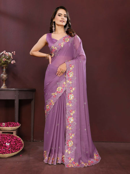 Ai Fashion Light Purple Soft Star Georgette Embroidery Party Wear Saree