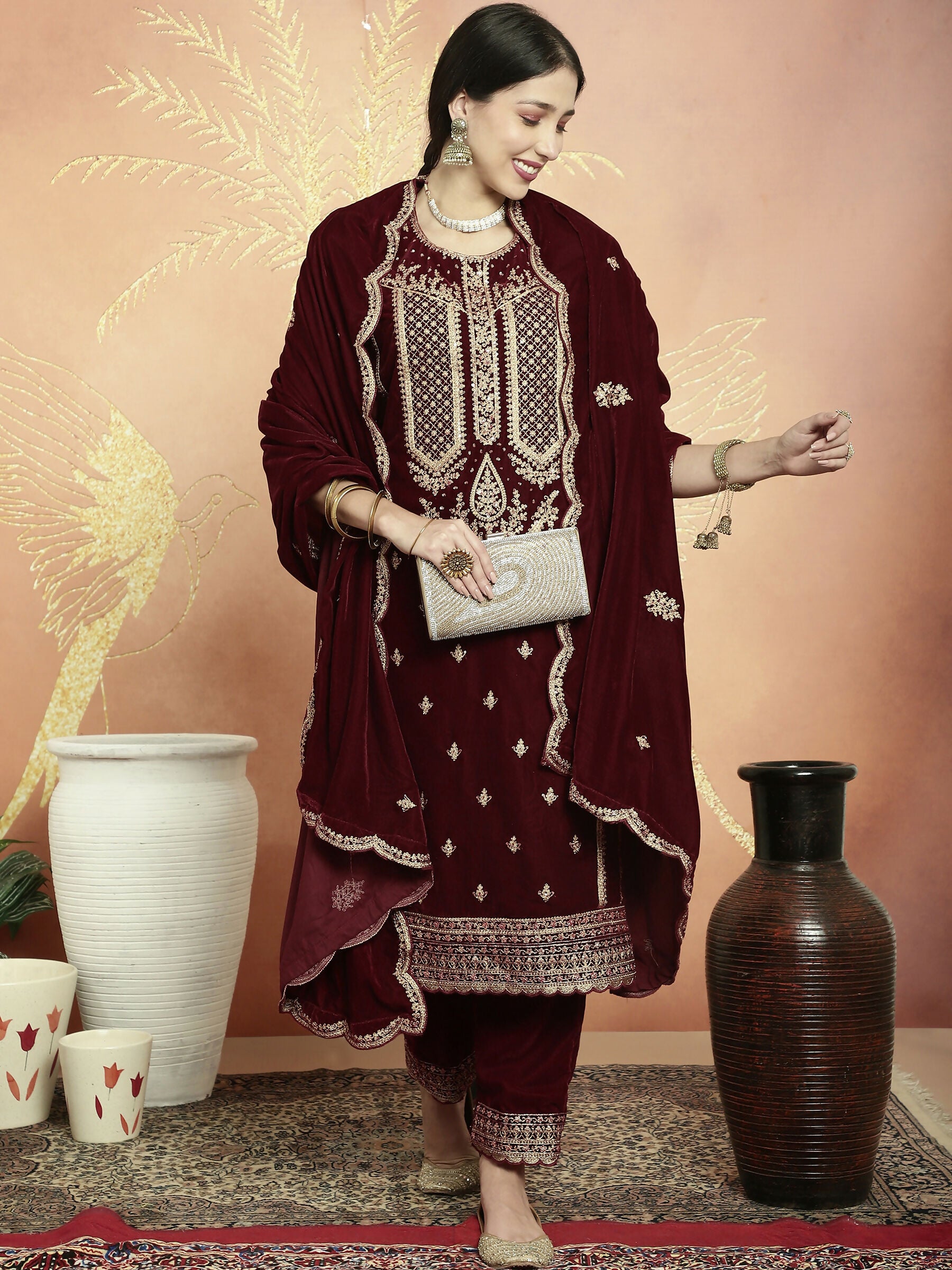 Jyoti Fashion Women's Maroon Velvet Cording with Resham Thread & Sequin Kurta with Trouser & Dupatta - Distacart