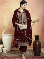Thumbnail for Jyoti Fashion Women's Maroon Velvet Cording with Resham Thread & Sequin Kurta with Trouser & Dupatta - Distacart