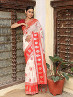 Thumbnail for Astita White & Red Linen Cotton Saree
