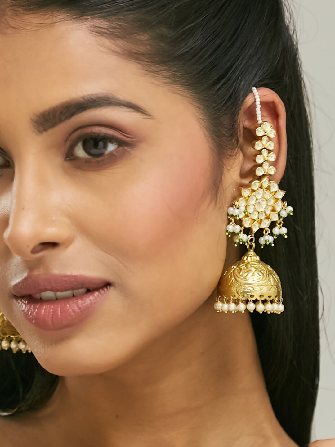 Nuyug 22K Gold-Plated Floral Jhumki Kundan Studded Kanauti Earrings
