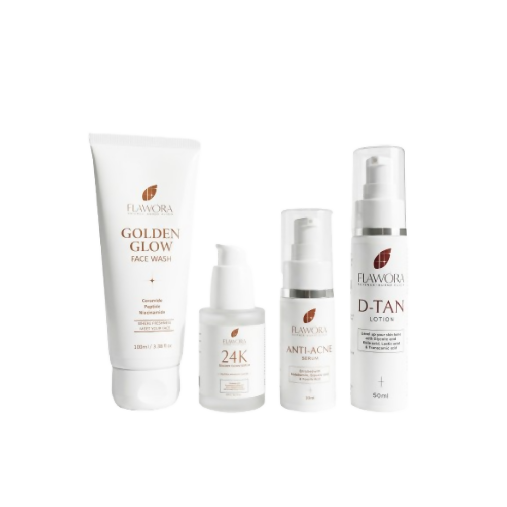 Flawora Set of Golden Glow Face Wash, Anti Acne Serum, 24k Golden Glow Face Serum and D-Tan Lotion - Dista