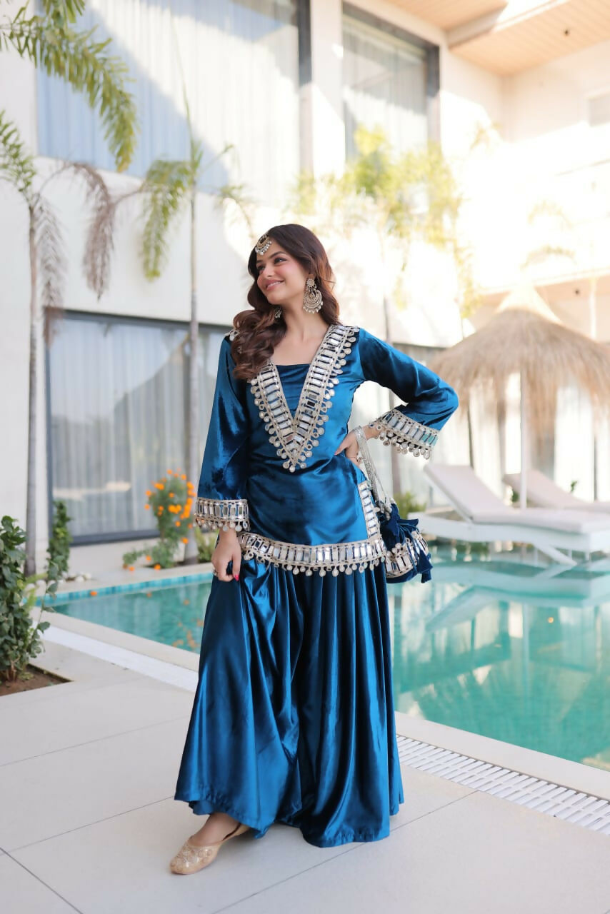 Joban Fashion Rama Velvet Embroidery Sequence Work Readymade Kurta Set - Distacart