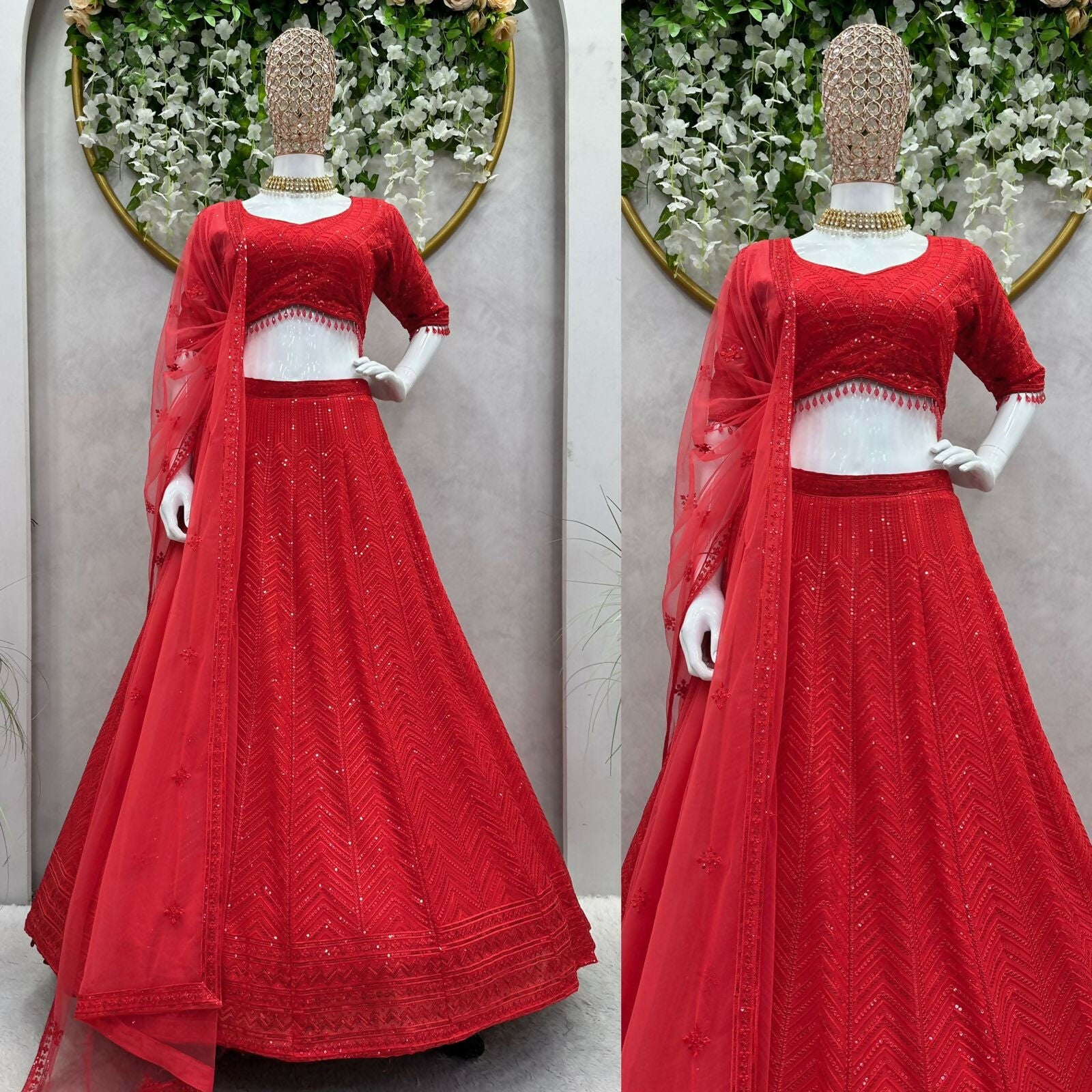 Preksha Creation Red Foux Gorgette With Thread With Sequnce Women Lehanga Choli - Distacart