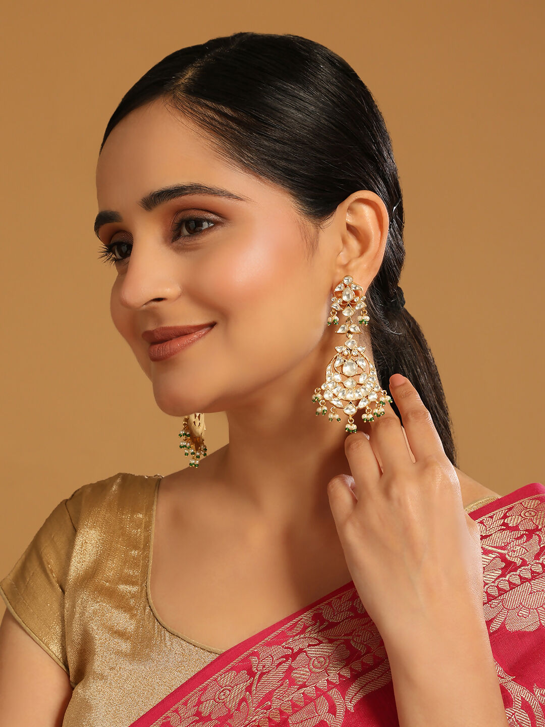 Nuyug 22K Gold Plated Chandbali Stone Drop Kundan Earrings