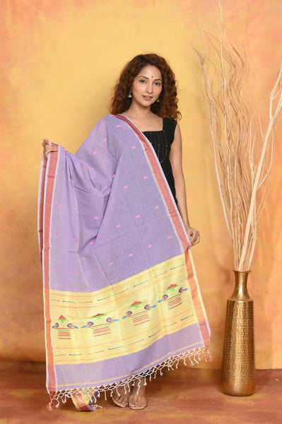 Very Much Indian Handloom Pure Cotton Paithani Dupatta - Lavender - Distacart