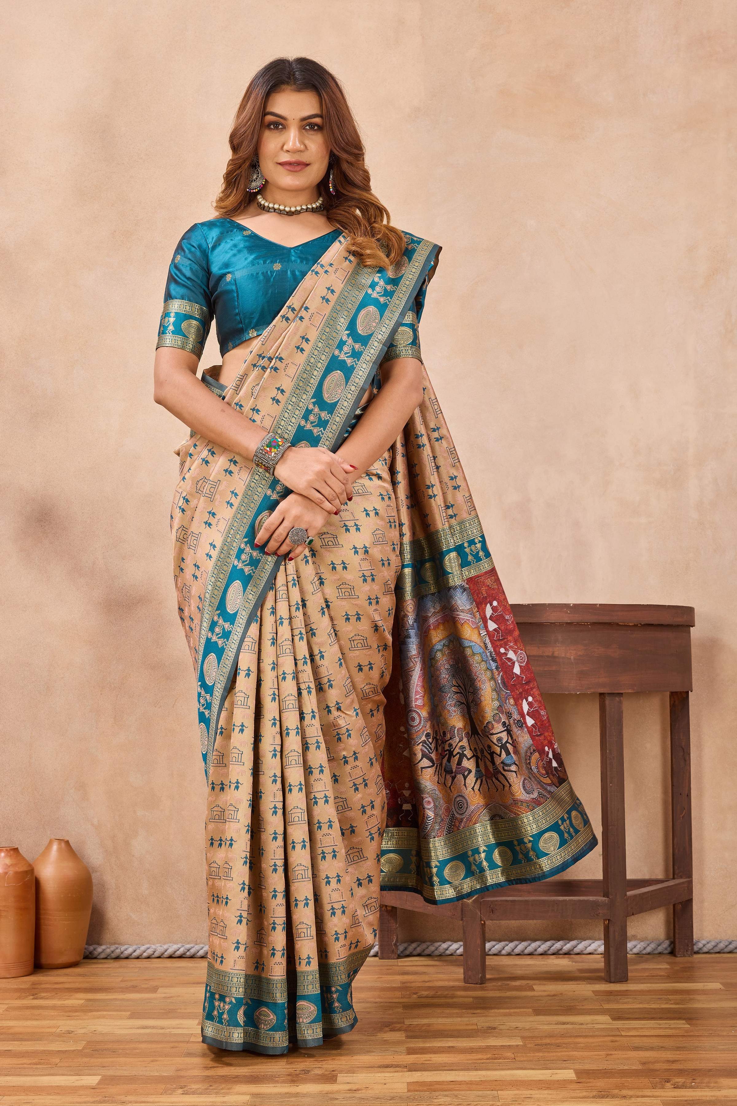 Divine International Trading Co Beige Soft Silk Blend Banarasi Jacuard Work Designer Party Wear Saree With Unstitched Blouse Piece - Dista