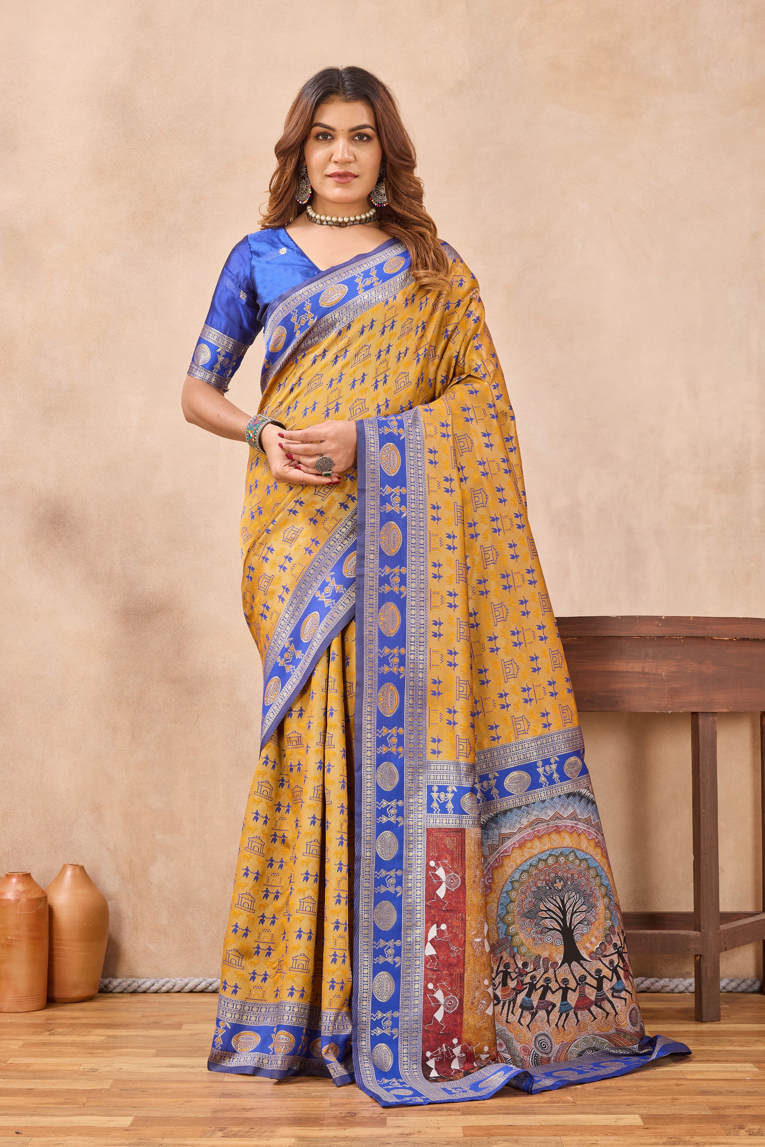Divine International Trading Co Mustard Blue Soft Silk Blend Banarasi Jacuard Work Designer Party Wear Saree With Unstitched Blouse Piece - Dista