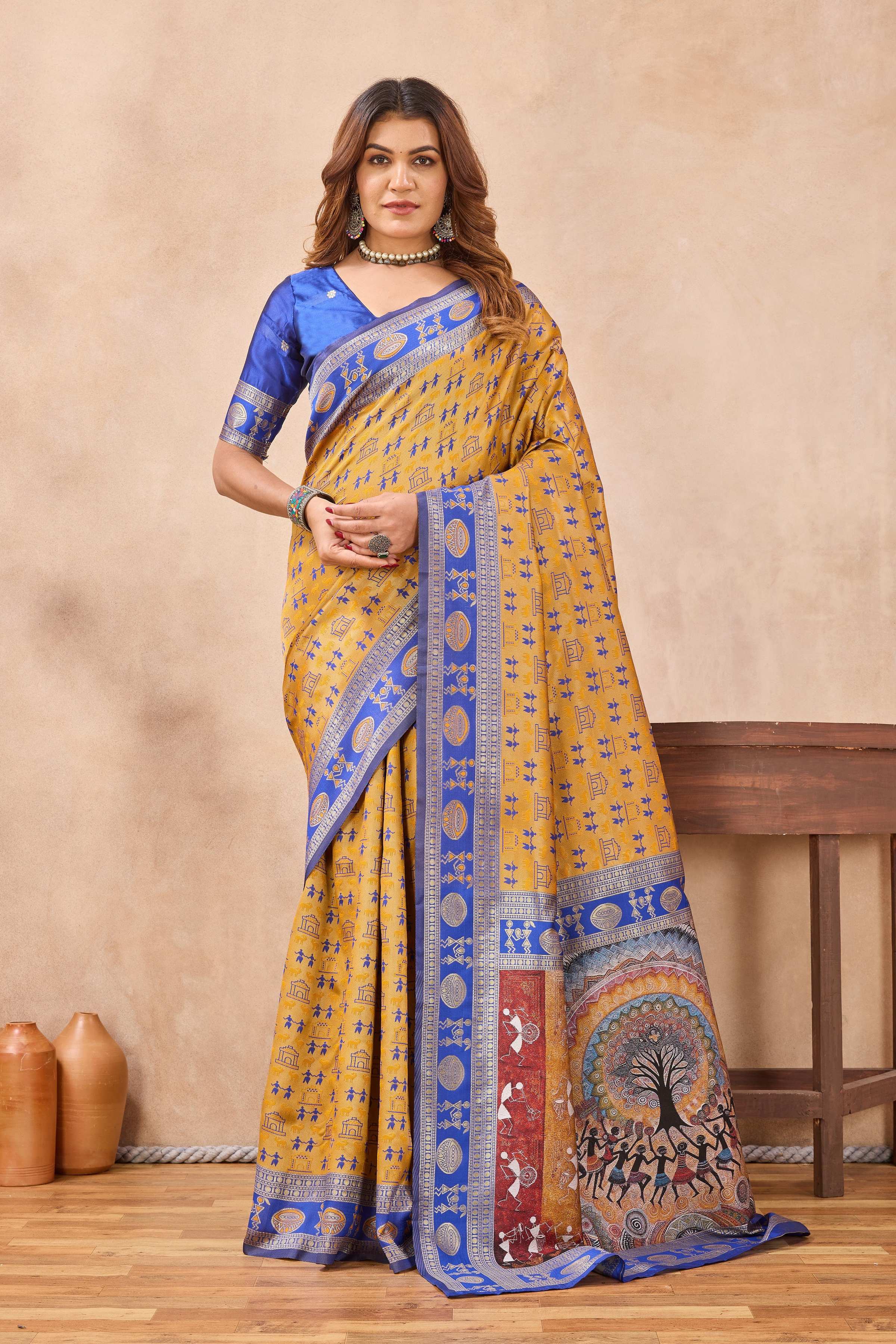 Divine International Trading Co Mustard Blue Soft Silk Blend Banarasi Jacuard Work Designer Party Wear Saree With Unstitched Blouse Piece - Dista