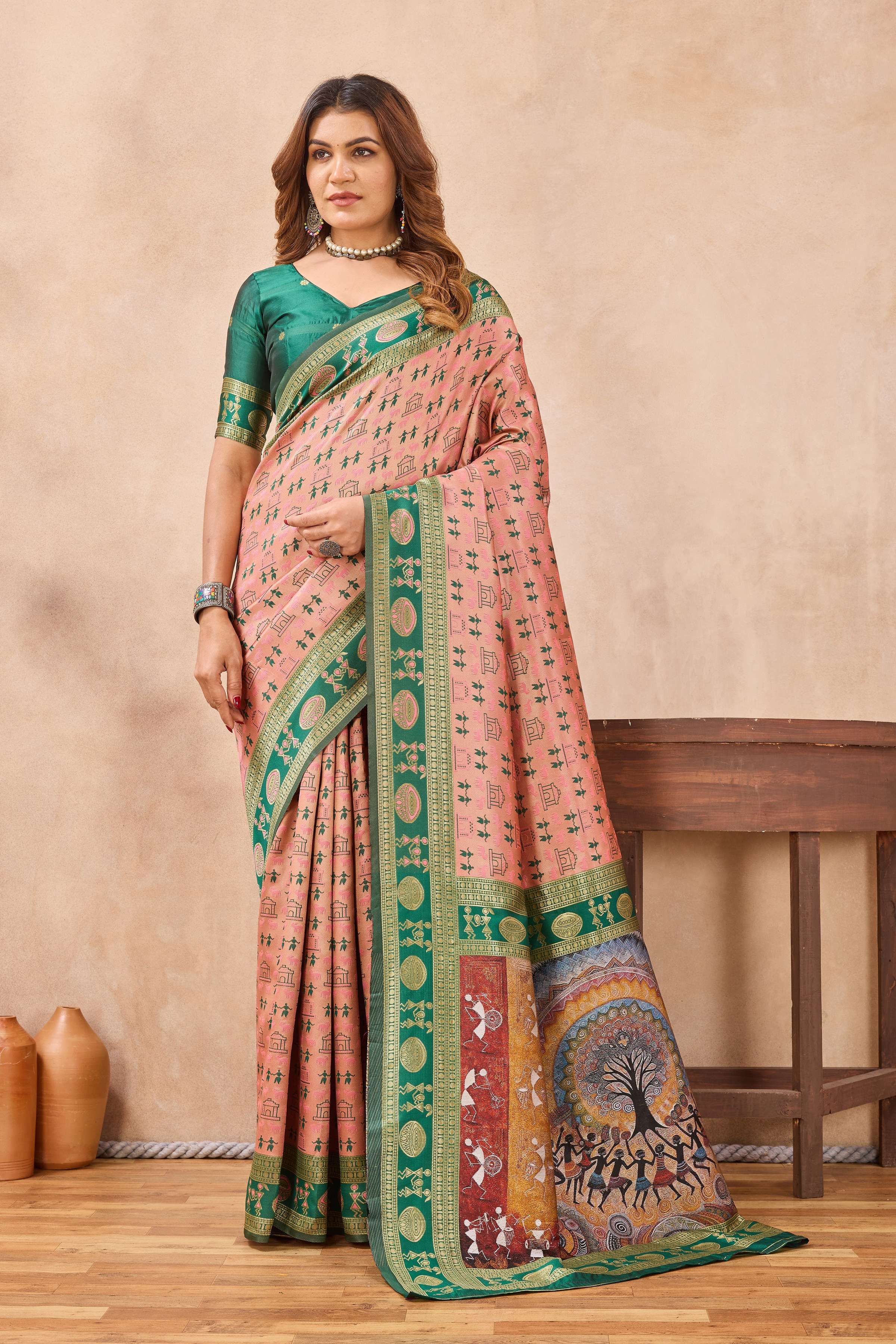 Divine International Trading Co Peach Green Soft Silk Blend Banarasi Jacuard Work Designer Party Wear Saree With Unstitched Blouse Piece - Dista