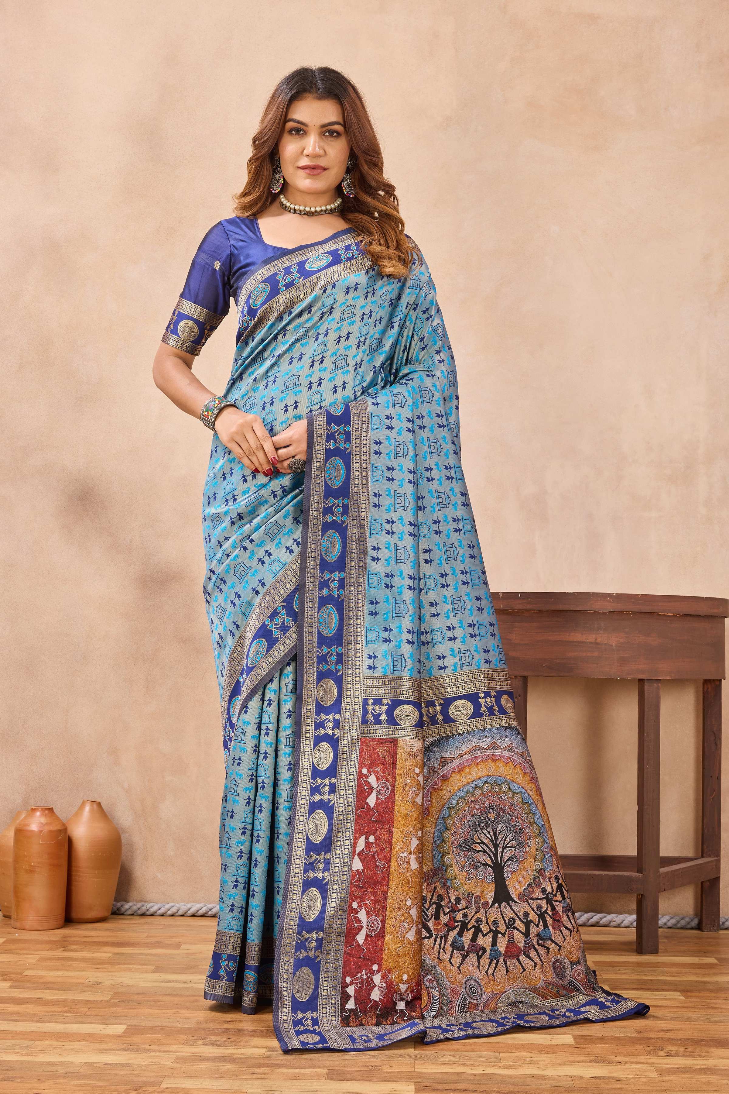 Divine International Trading Co Turquoise Soft Silk Blend Banarasi Jacuard Work Designer Party Wear Saree With Unstitched Blouse Piece - Dista