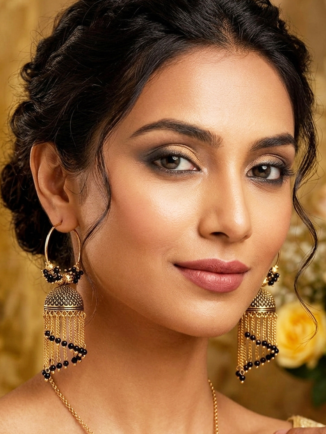 Anika's Creation Black & Gold-Plated Enamelled Dome Shaped Jhumkas