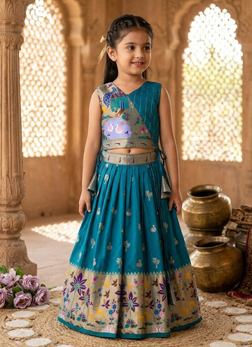 Evanik Blue Soft Silk Paithani Design Zari Weaving Pavadai Lehenga Choli For Kids - Dista
