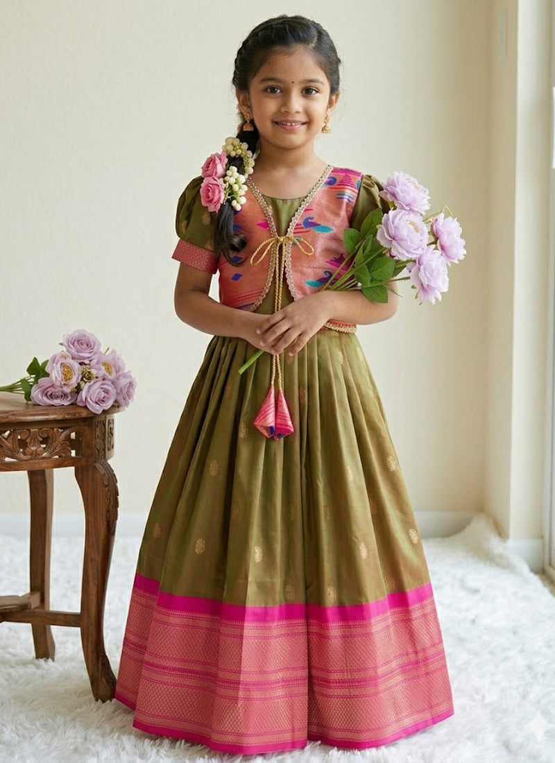 Evanik Green Soft Paithani Silk Zari Weaving Pavadai For Kids Gown & Koti - Dista