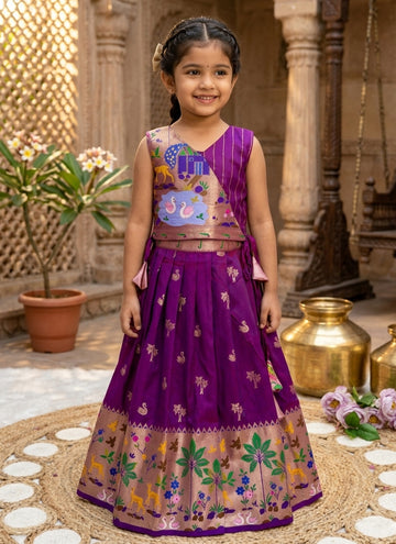 Evanik Purple Soft Silk Paithani Design Zari Weaving Pavadai Lehenga Choli For Kids - Dista