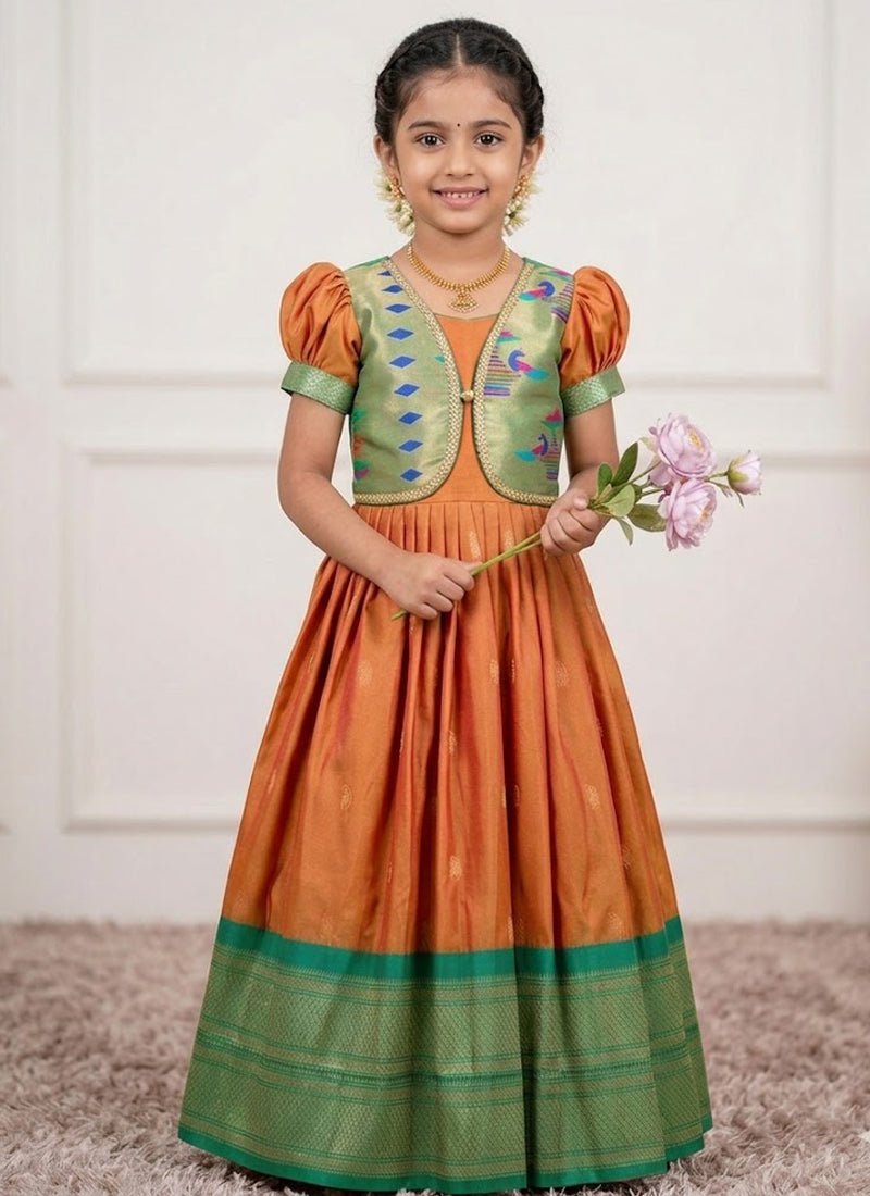 Evanik Orange Soft Paithani Silk Zari Weaving Pavadai For Kids Gown & Koti - Dista