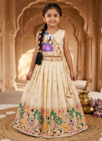 Evanik White Soft Silk Paithani Design Zari Weaving Pavadai Lehenga Choli For Kids - Dista