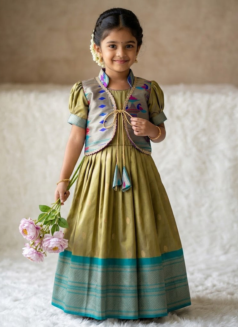 Evanik Green Soft Paithani Silk Zari Weaving Pavadai For Kids Gown & Koti - Dista
