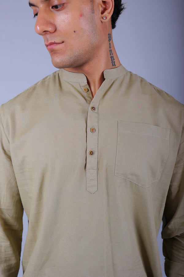 Bluebird Men's Short Kurta in Khaki - 100% Pure Cotton